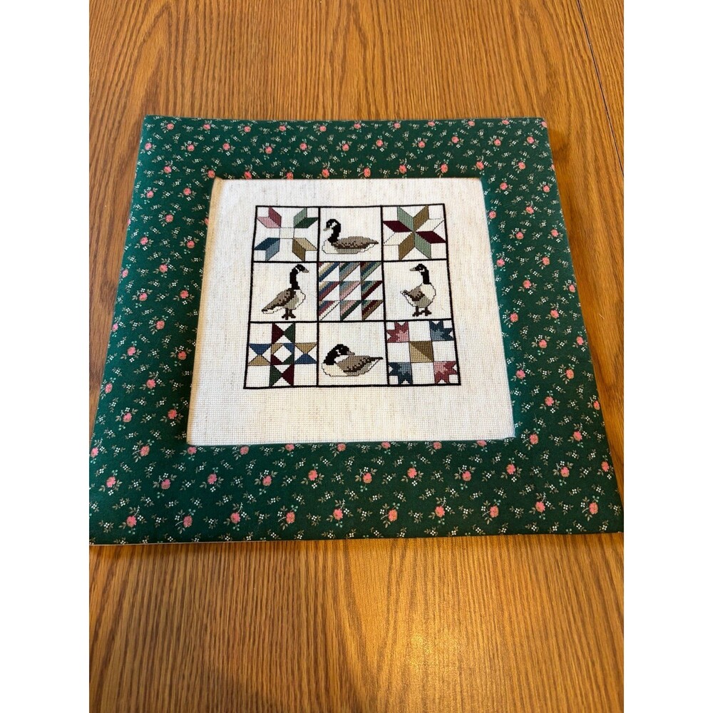 Country Cottagecore Cross Stitch Quilt Sampler Geese signed Framed wall art vtg